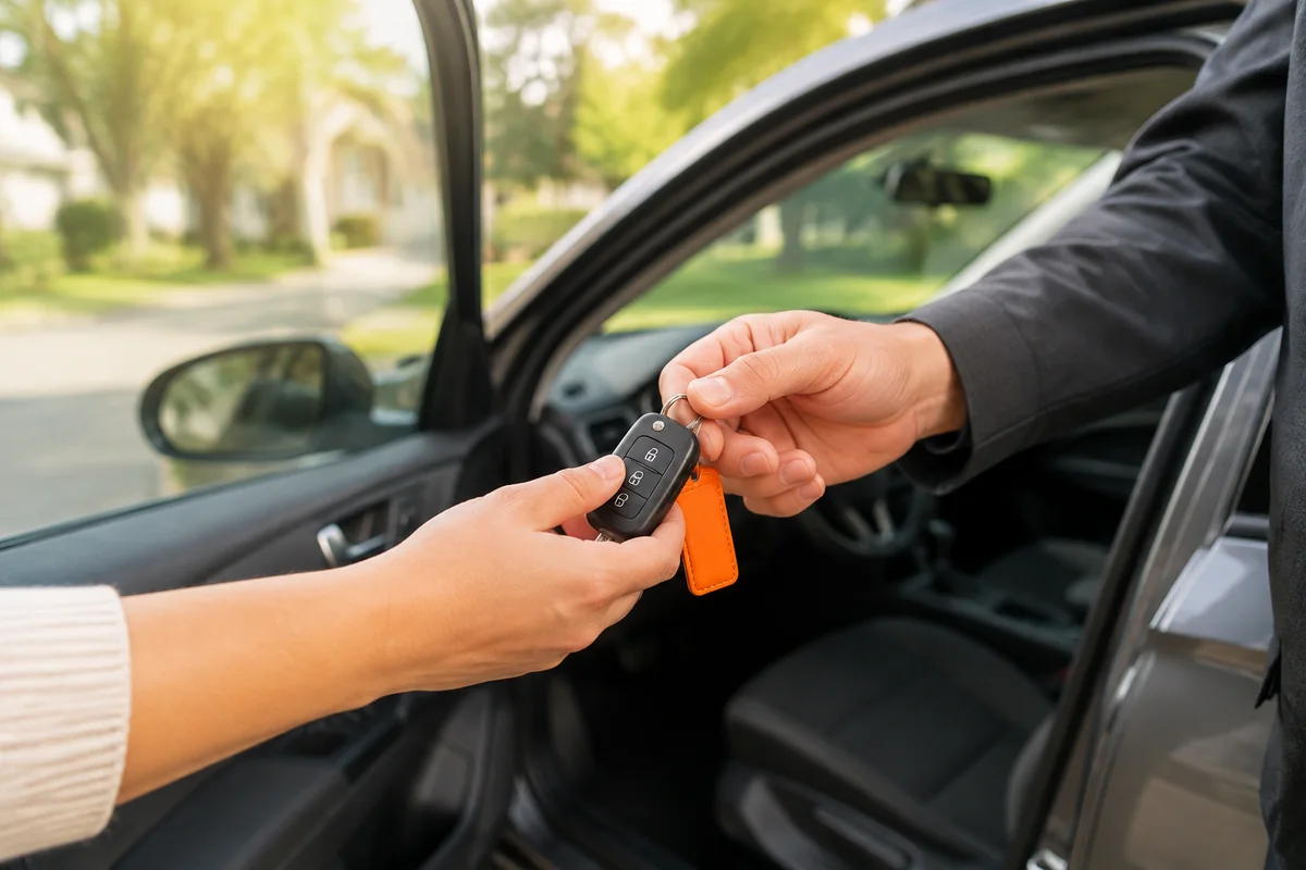 A careful handoff of a customer's car key