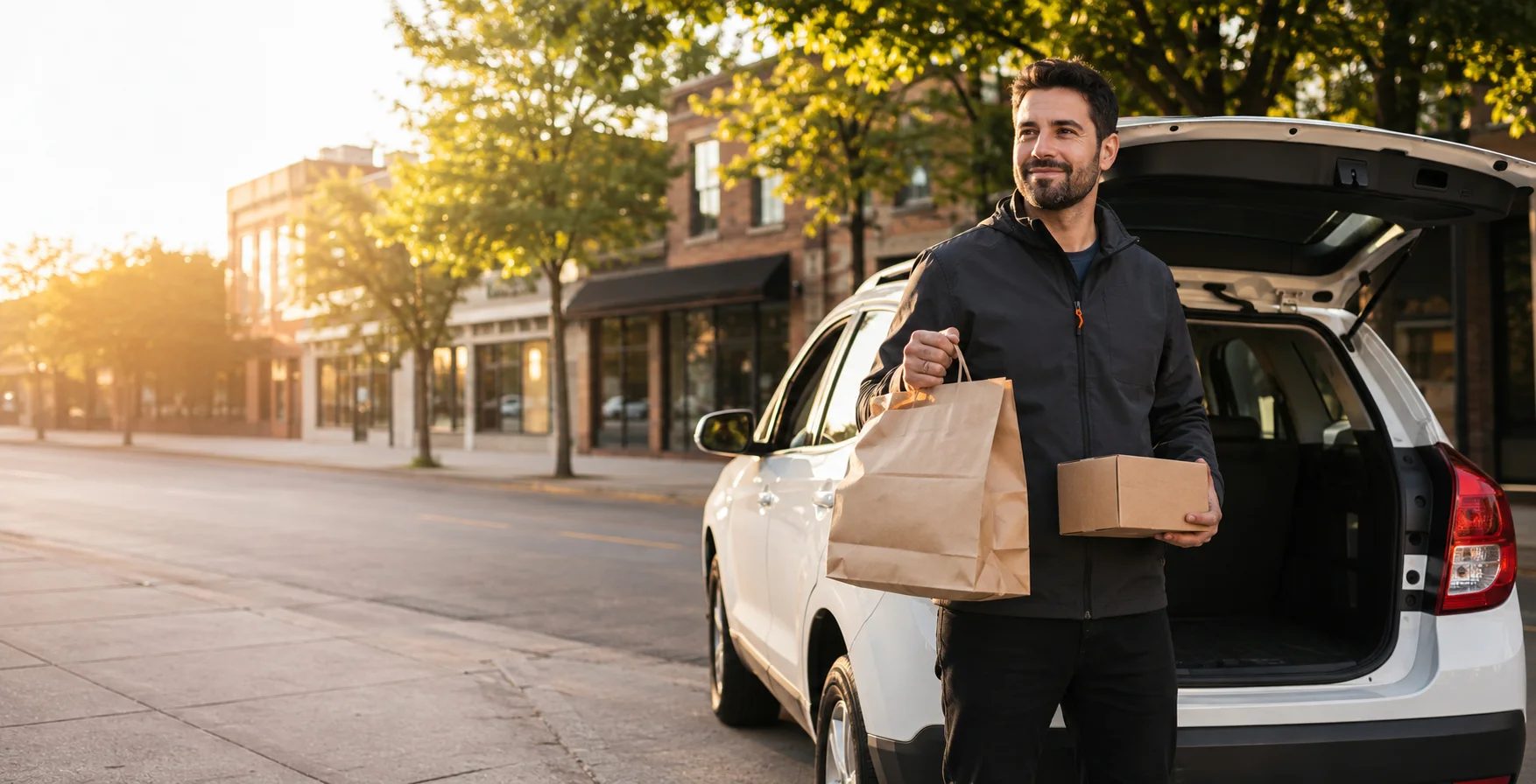 A local delivery professional holding a restaurant bag and package beside a clean vehicle